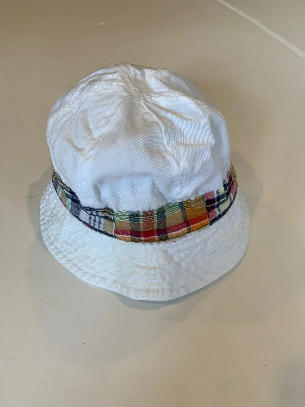 Toddler Boy White Cotton Sun Hat Bucket Hat Madras Trim and Elastic Chin Strap